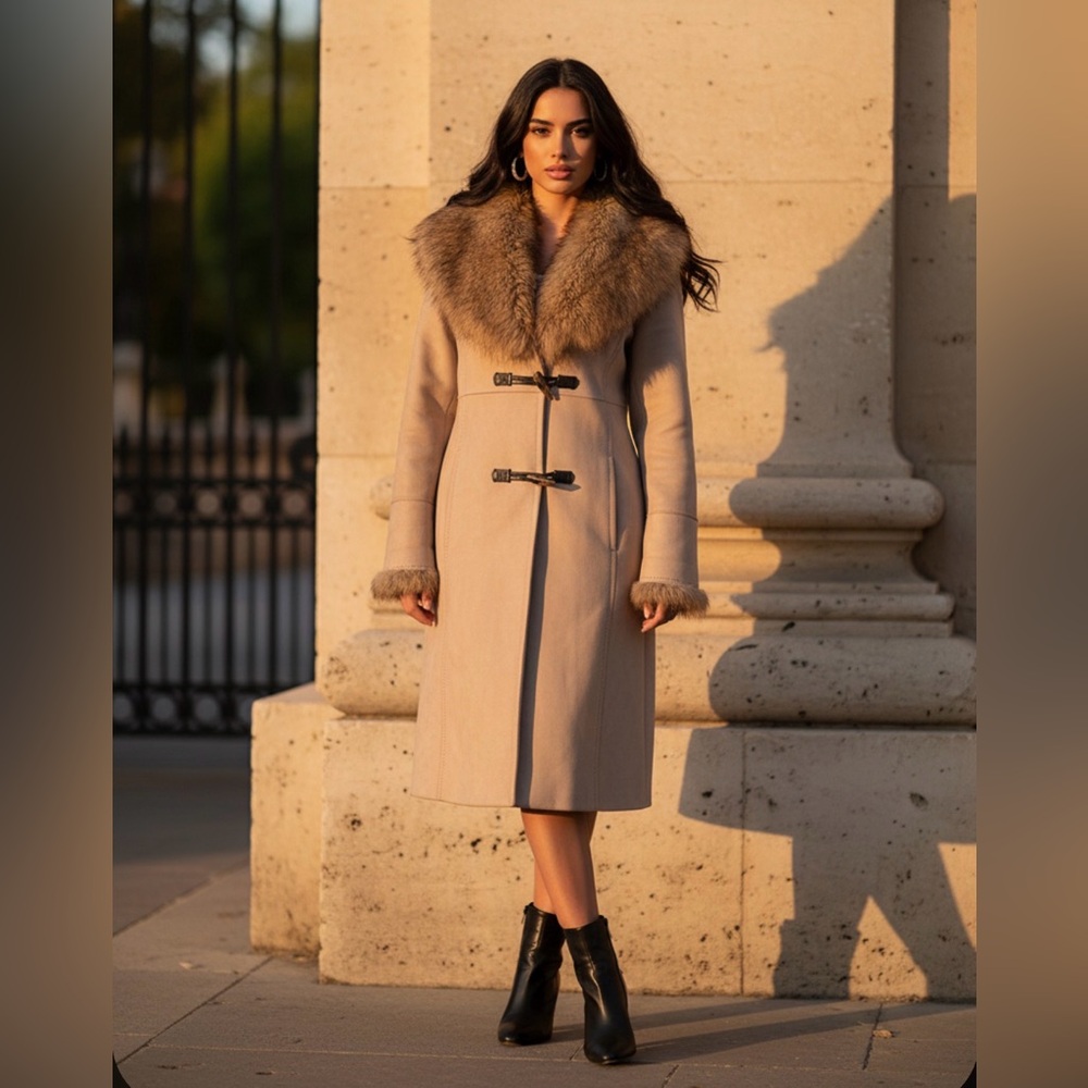 Simon Chang Beige Teddy Jacket with Faux Fur Trim